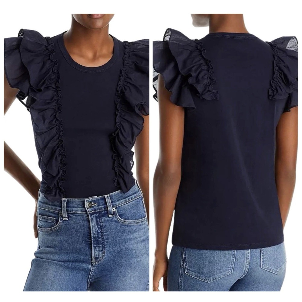Veronica Beard Bardot Cotton Ruffle Tee Navy Size XS - Picture 1 of 7